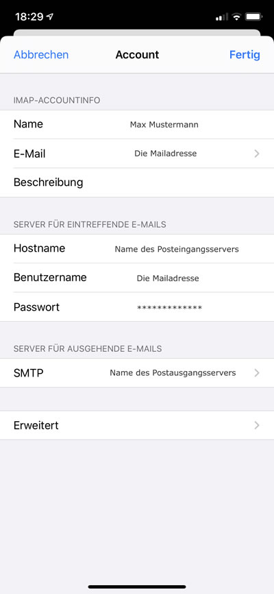 Beispiel iPhone: Posteingangsserver-Einstellungen