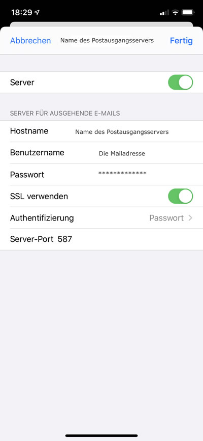 Beispiel iPhone: Postausgangsserver-Einstellungen
