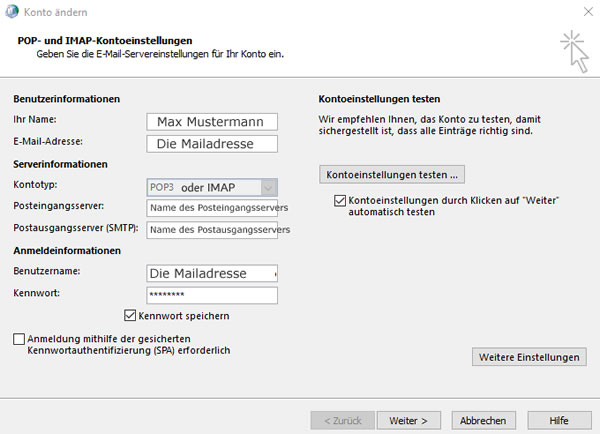 Beispiel Outlook: Posteingangsserver-Einstellungen